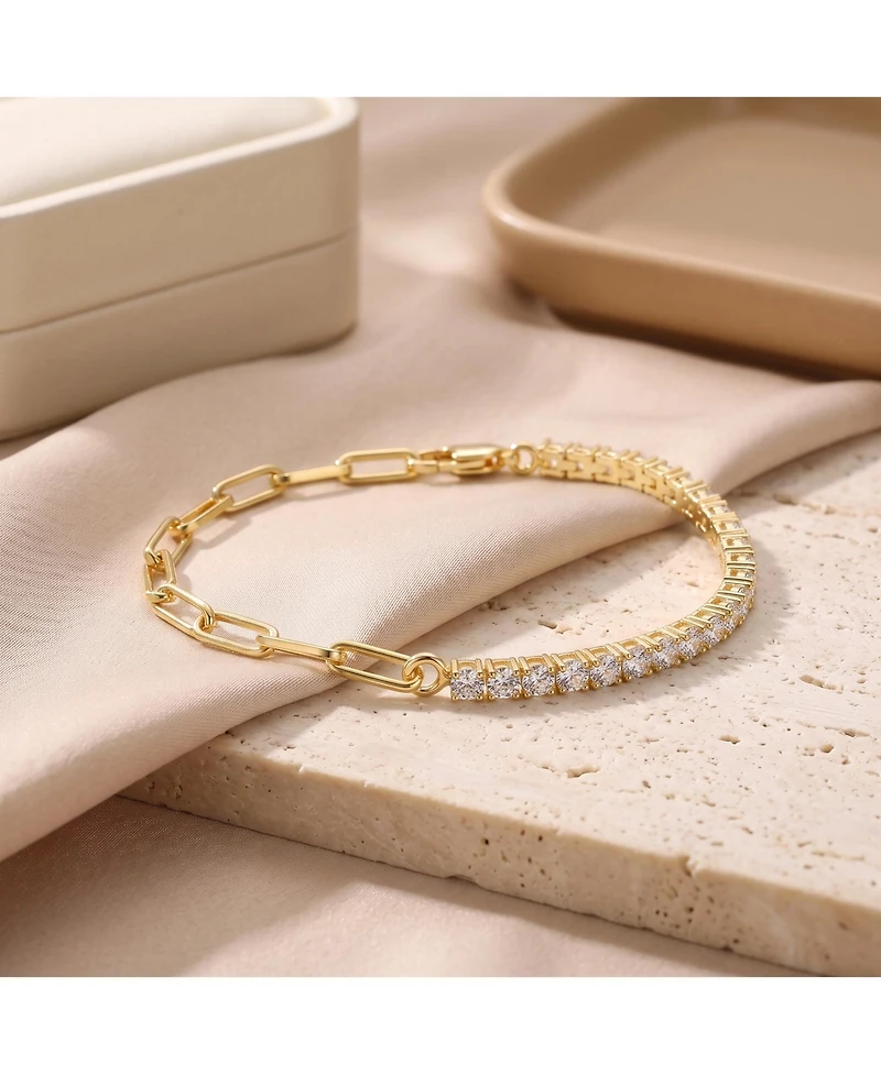 14K Gold Plated with Clear Cubic Zirconia Half Tennis Half Link Bracelet