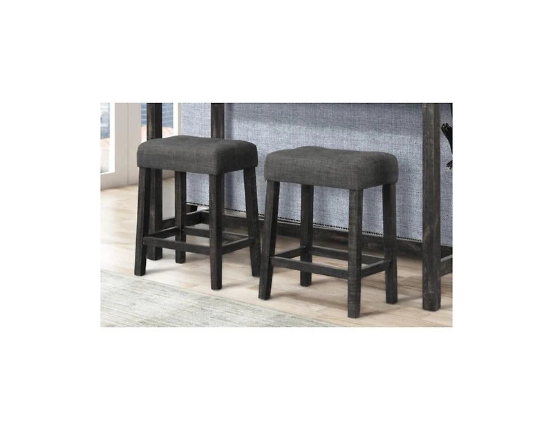 Flynama 3-Piece Counter Height Dining Set, Solid Wood Table with Outlet and 2 Tufted Linen Stools