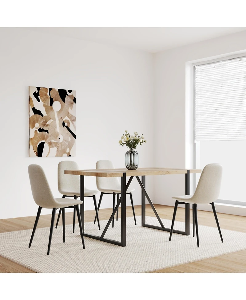 Flynama 5-Piece 55" Wood Tone Dining Set, Linen Chairs and Metal Base