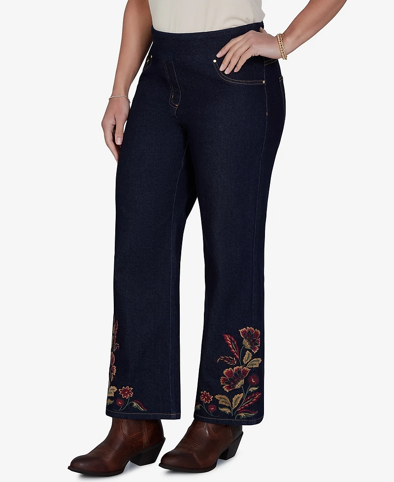 Ruby Rd. Petite Pull-On Wide-Leg Embroidered Denim Pants