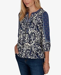 Ruby Rd. Petite Foliage Henley 3/4-Sleeve Floral-Print Blouse