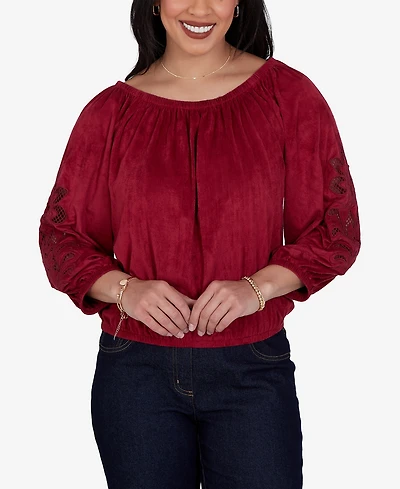 Ruby Rd. Petite Embroidered Scoop-Neck 3/4-Sleeve Blouse