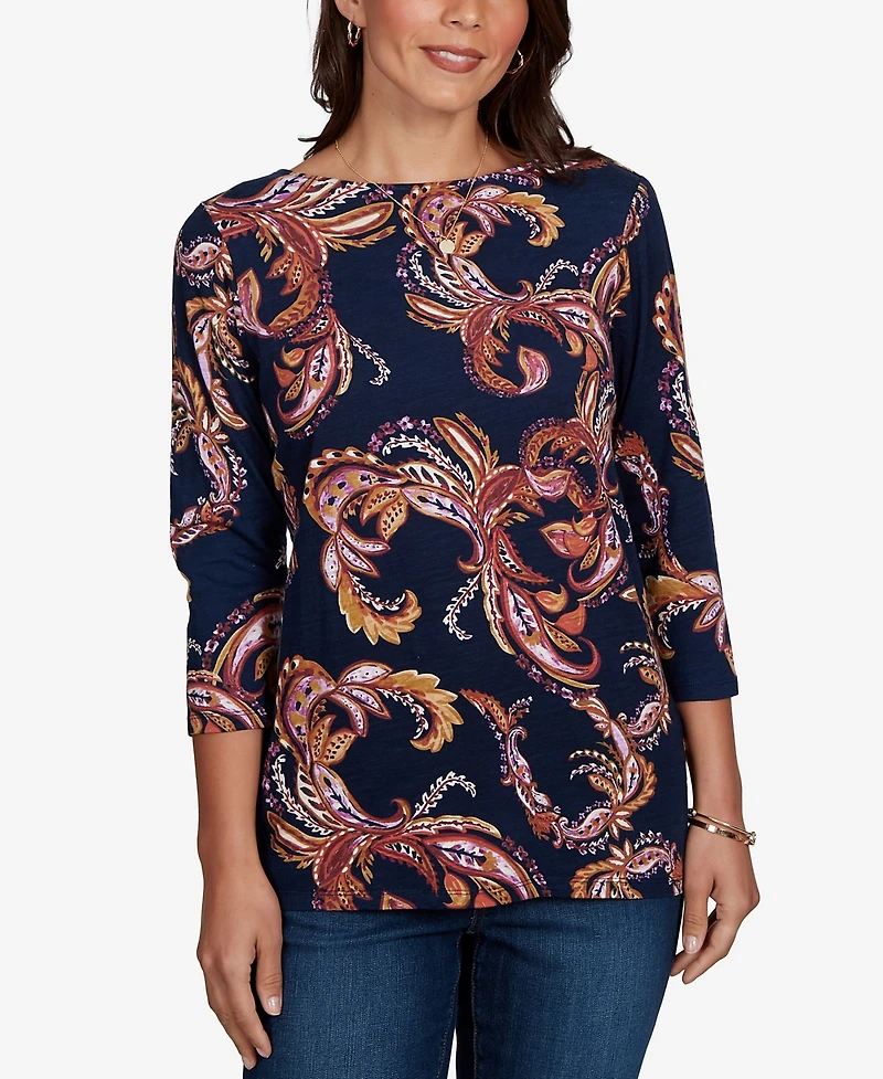 Ruby Rd. Petite Paisley-Print Boat Neck 3/4-Sleeve Top