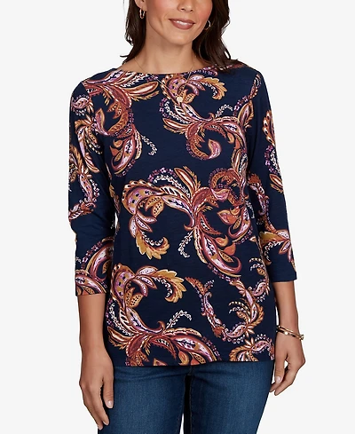 Ruby Rd. Petite Paisley-Print Boat Neck 3/4-Sleeve Top