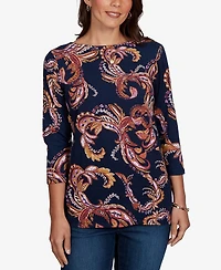 Ruby Rd. Petite Paisley-Print Boat Neck 3/4-Sleeve Top