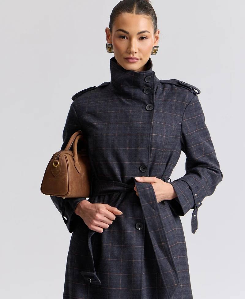 Avec Les Filles Women's Plaid Funnel Neck Belted Trench Coat