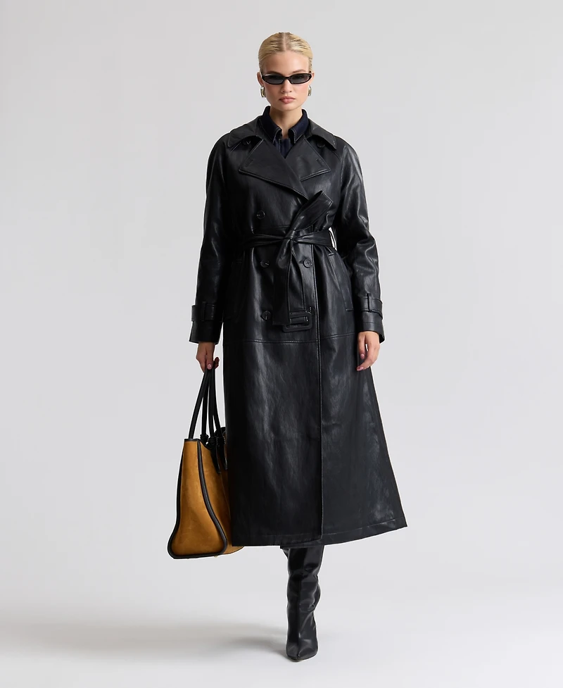 Avec Les Filles Women's Faux-Leather Belted Raglan-Sleeve Trench Coat