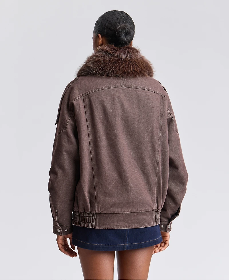 Avec Les Filles Women's Oversized-Fit Detachable Faux Fur Collar Bomber Coat
