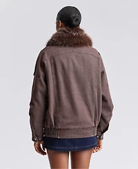 Avec Les Filles Women's Oversized-Fit Detachable Faux Fur Collar Bomber Coat