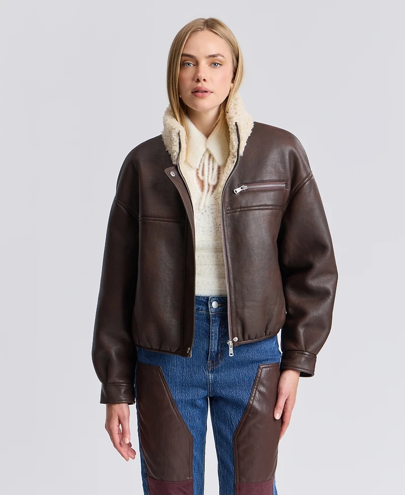 Avec Les Filles Women's Faux Shearling Oversized-Fit Bomber Jacket