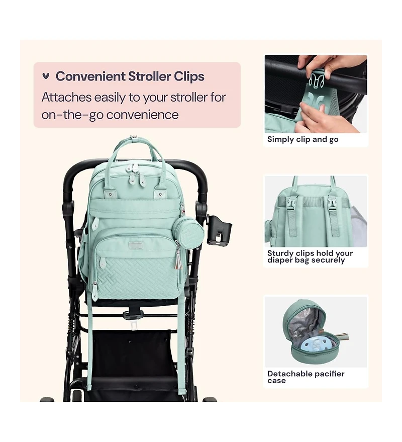 BabbleRoo Diaper Bag Backpack Stylish 26L Hands Free Baby Bag with Changing Pad, Stroller Straps & Water-Resistant, Sage Green, Large