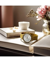 Stuhrling Women's Quartz Crystal Studded Gold Case and Gold Mesh Bracelet, Silver Dial, Gold Hands and Markers Watch