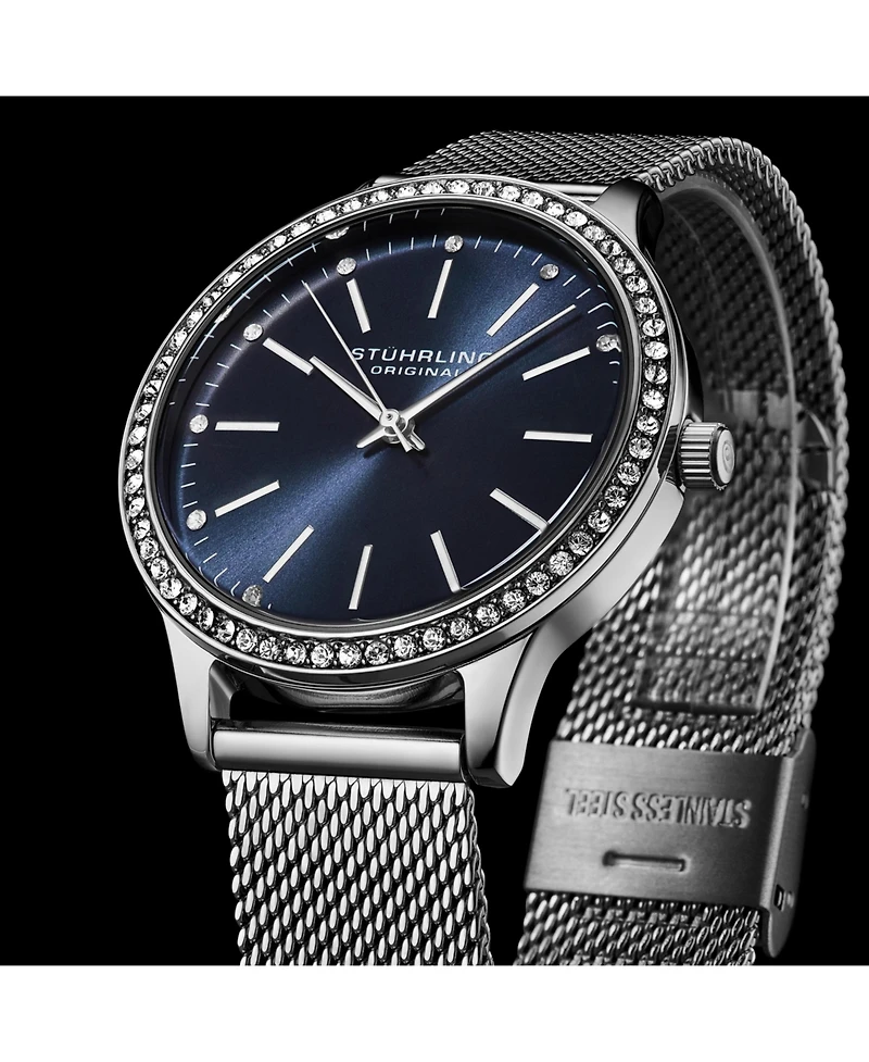 Women's Quartz Watch Crystal Studded Silver Tone Stainless Steel Case Blue Dial Silver Hands and Markers Mesh Bracelet