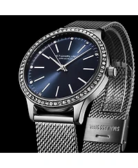 Women's Quartz Watch Crystal Studded Silver Tone Stainless Steel Case Blue Dial Silver Hands and Markers Mesh Bracelet