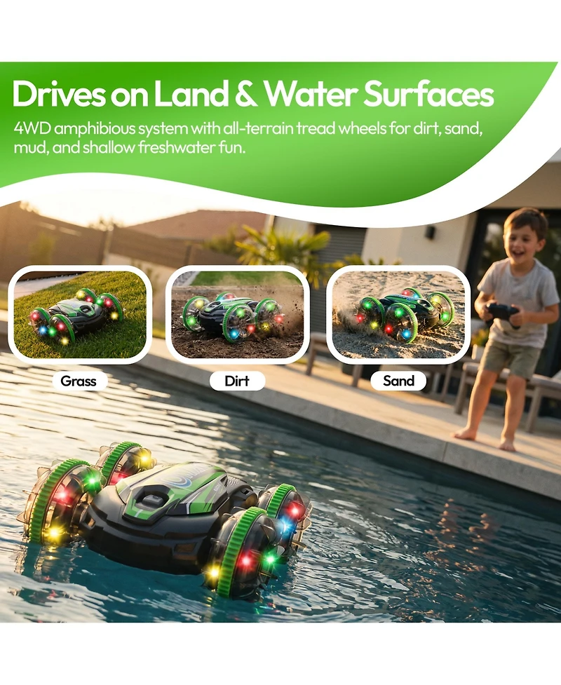 Contixo AV1 Amphibious 4WD Rc Stunt Car with Led Lights, Auto Demo and Usb-c Battery, Ages 6+