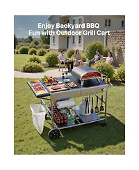Mountaintop Outdoor Grill Cart, 36.4x23.4x1" Tabletop, Movable Cook Station 4 Spice Jars, Wheels, Lids, Hooks, for Picnic, Kitchen, Courtyard