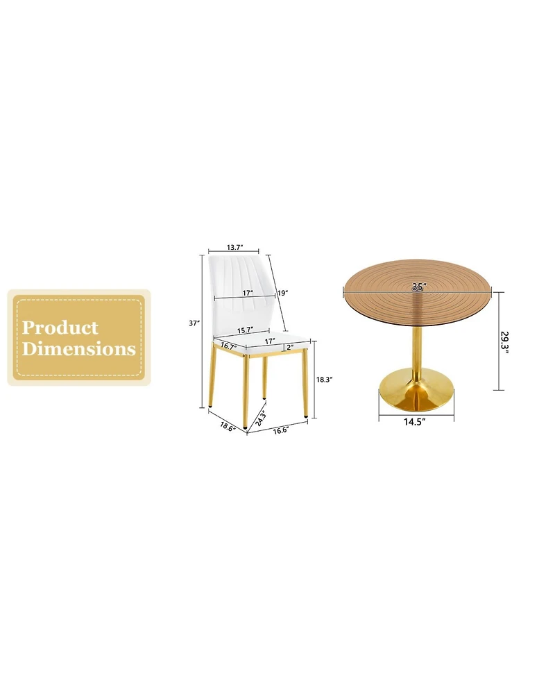 Flynama 5-Piece Ring Glass Round Dining Set, Gold Frame Table and 4 Pu Shell Chairs