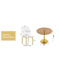 Flynama 5-Piece Ring Glass Round Dining Set, Gold Frame Table and 4 Pu Shell Chairs