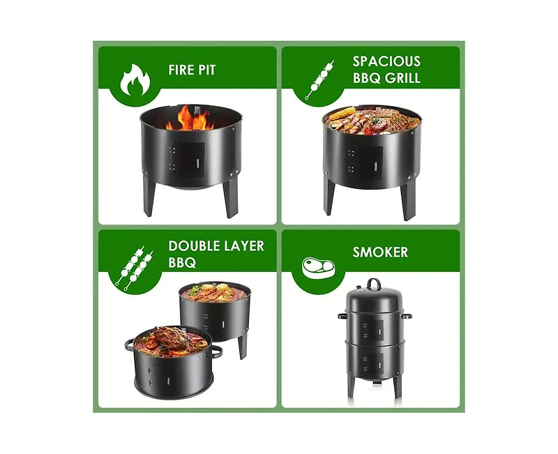 Mountaintop 16" 3-Tier Portable Charcoal Smoker Grill with Easy Temperature Control