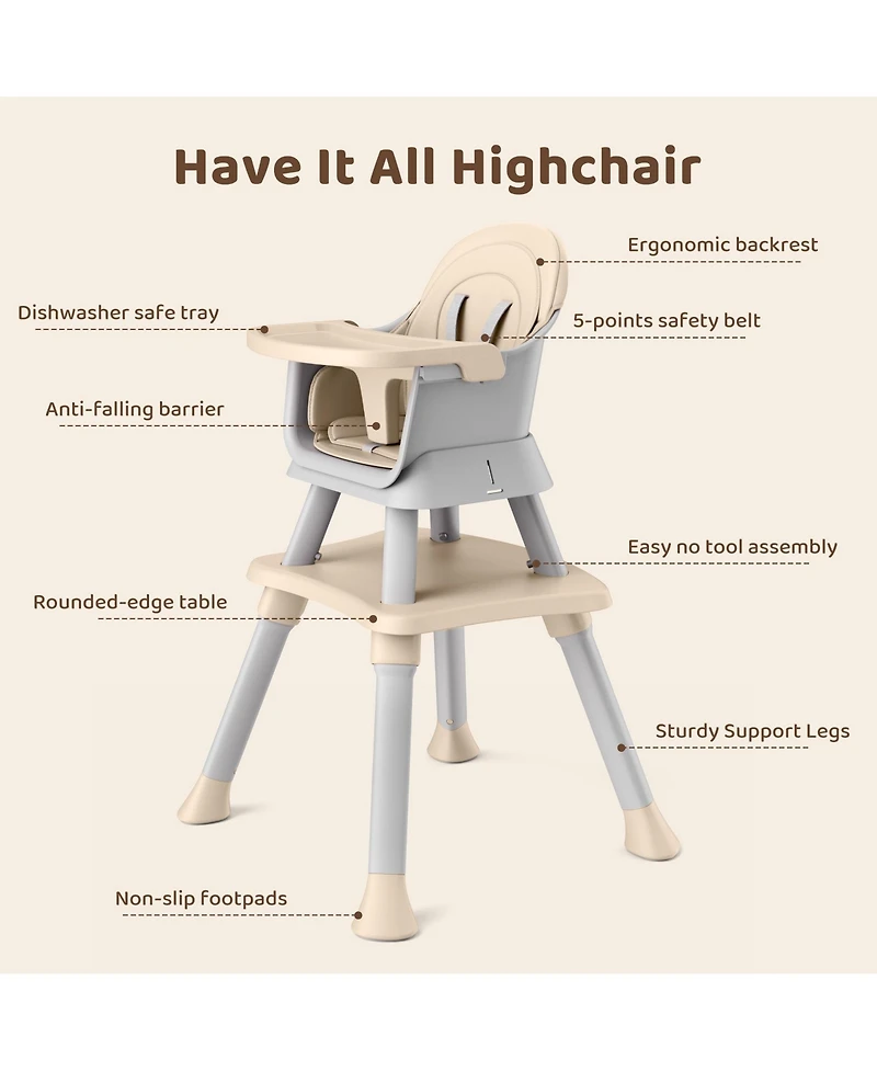 Kinder King 8-in-1 Baby High Chair Converts to Booster Seat and Kids Table Set with Removable Tray