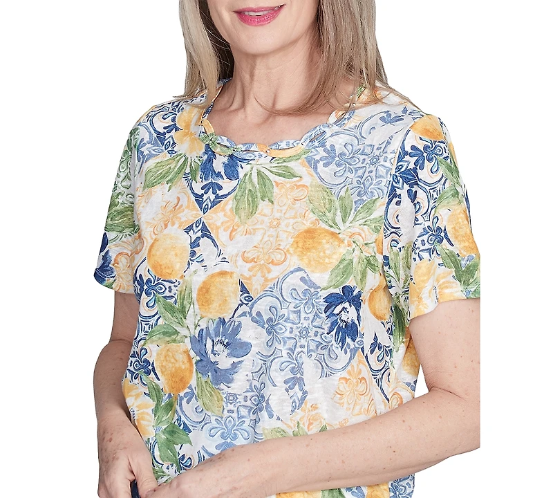 Alfred Dunner Women's Petite Knotted Ruched-Side Crewneck T-Shirt