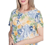 Alfred Dunner Women's Petite Knotted Ruched-Side Crewneck T-Shirt