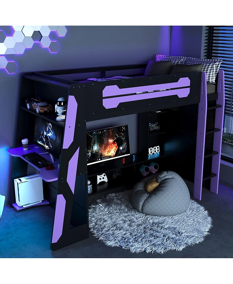 Streamdale Furniture Twin Size Wood Loft Bed with Desk, Multi-storage Shelves and Rgb Light