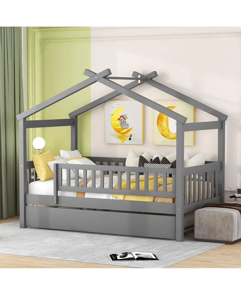 Streamdale Furniture Twin Size Wooden House Bed with Twin Size Trundle