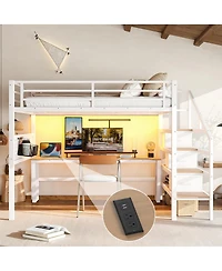 Streamdale Furniture Queen Metal Loft Bed with Desk, Stairs, Usb, Led and Storage