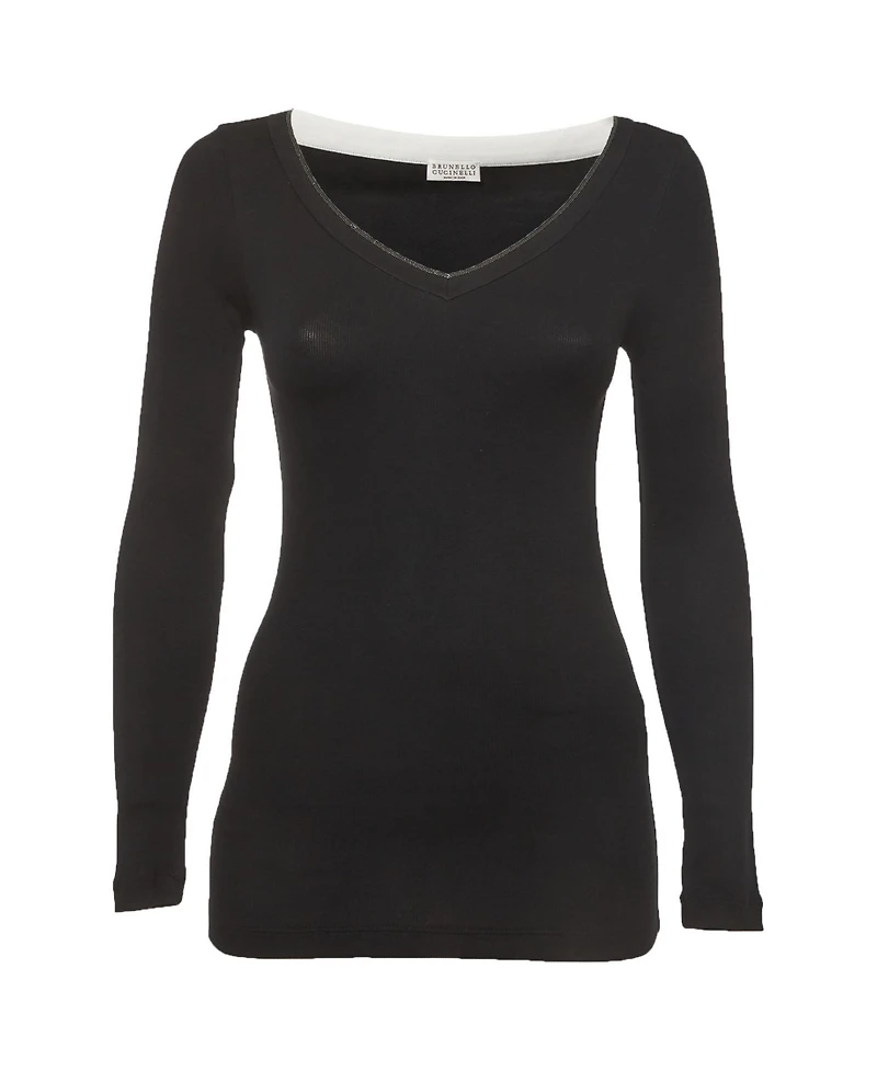 Pre-Owned Brunello Cucinelli Women's Monili-Trimmed V-Neck Stretch-Cotton Top