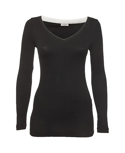 Pre-Owned Brunello Cucinelli Women's Monili-Trimmed V-Neck Stretch-Cotton Top