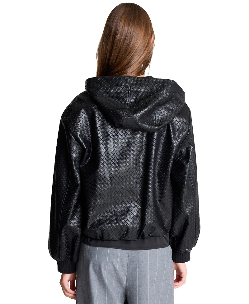 Kenneth Cole Women's Hooded Faux-Leather Basketweave Bomber Jacket