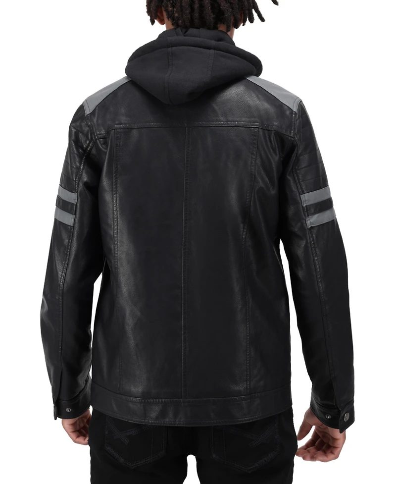 X-Ray Men's Grainy Polyurethane Leather Hooded Jacket with Faux Shearling Lining