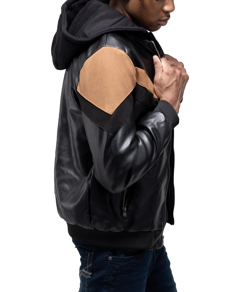 X-Ray Men's Shiny Polyurethane and Faux Suede Detailing with Shearling Lining Hooded Jacket