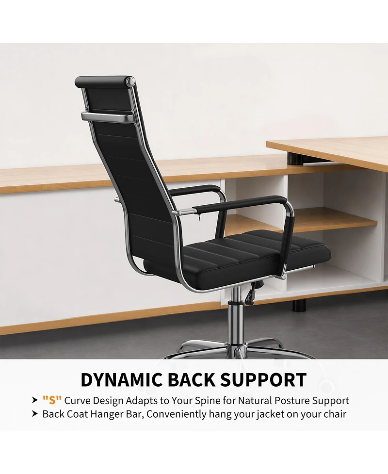 Swivel Home Office Chair, Adjustable Height Ergonomic Executive Computer Chair, Ribbed Pu Leather Conference Room Chair with Arms, Black