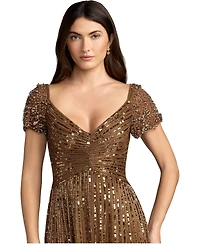 Mac Duggal Women's Beaded Cap Sleeve V-Neck A-Line Evening Gown