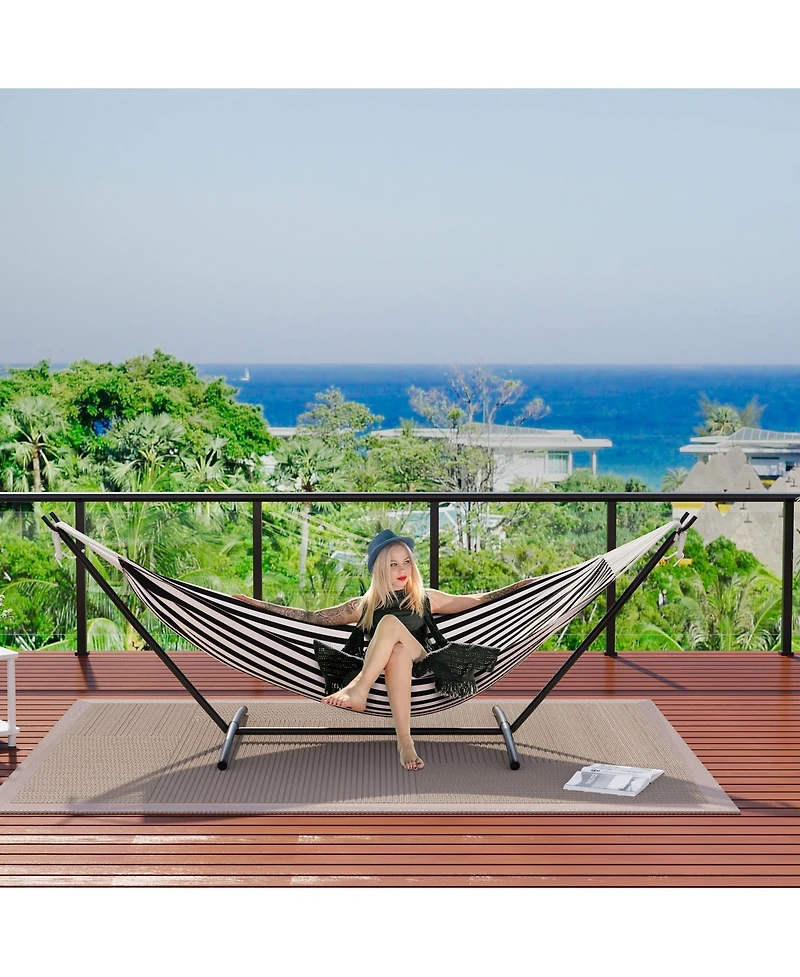 Double Hammock with Heavy-Duty Steel Stand, Indoor Outdoor Portable 2-Person Striped Cotton Freestanding Hammock with Carry Bag for Garden Camping
