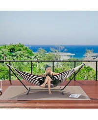 Double Hammock with Heavy-Duty Steel Stand, Indoor Outdoor Portable 2-Person Striped Cotton Freestanding Hammock with Carry Bag for Garden Camping