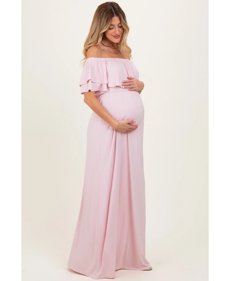 Pinkblush Women's Light Pink Ruffle Off Shoulder Maxi Dress