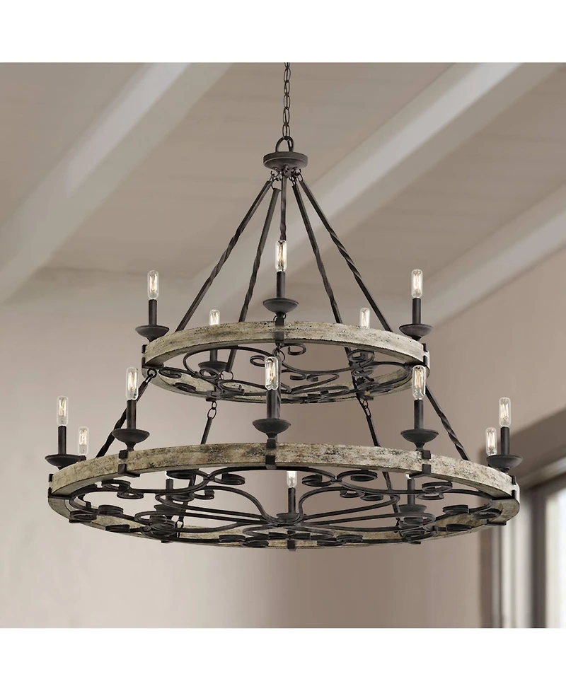 Kichler Taulbee 44" Wide 15-Light Aged Zinc Gray Wood Ring Chandelier