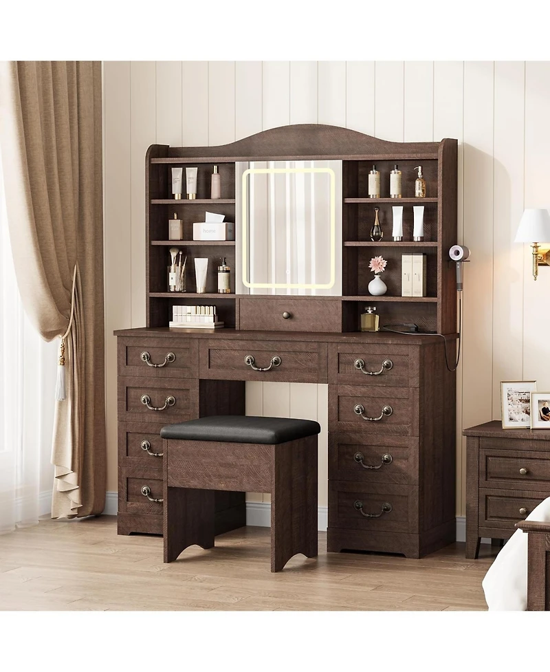 47.2" Makeup Vanity Desk with Lighted Mirror, Stool, 10 Drawers and Charging Station,Dark Brown