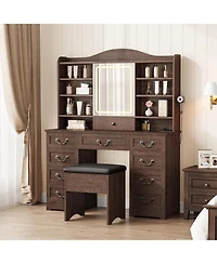 47.2" Makeup Vanity Desk with Lighted Mirror, Stool, 10 Drawers and Charging Station,Dark Brown