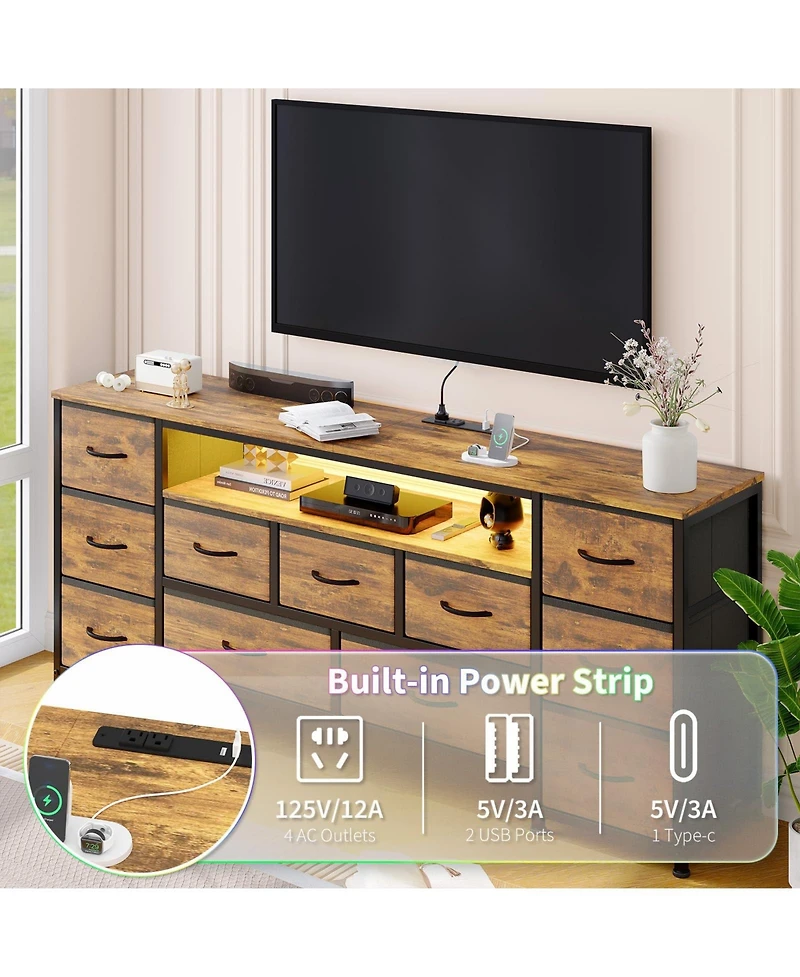 63" 11-Drawer Dresser and Tv Stand with Power Outlets and Led Lights, Entertainment Center