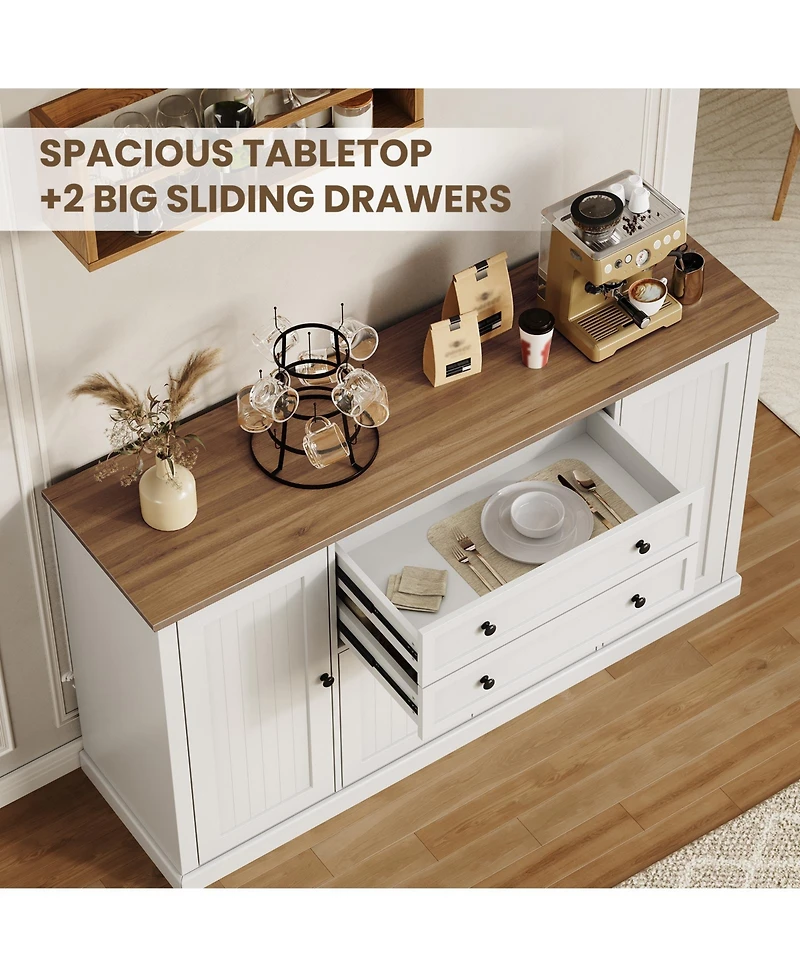 58" Farmhouse Sideboard Buffet Cabinet with 2 Drawers and 4 Barn Doors, Coffee Bar Console