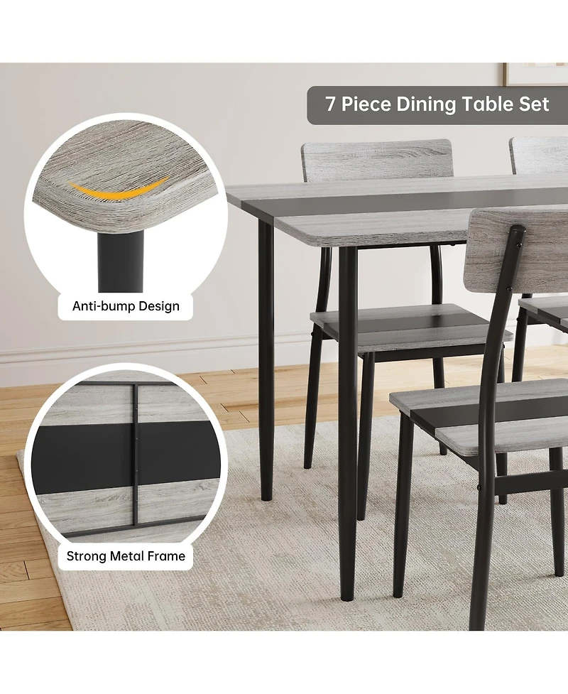 Dining Table Set for 6, 7-Piece Kitchen Set with Metal Frame and Mdf Board, Two-Tone Splicing Desktop, for Apartment, Kitchen, Dining Room