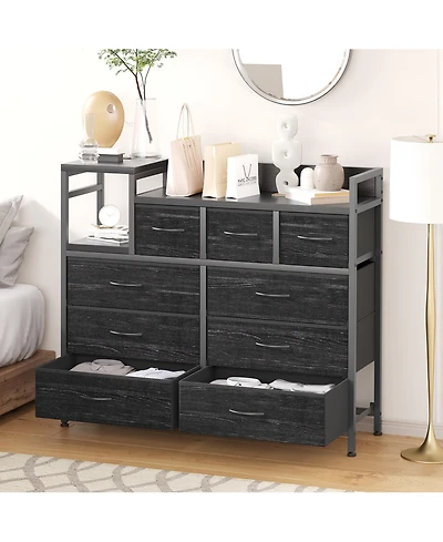 9 Drawer Dresser, Modern 39 Inch Chest of Drawers with Charging Station, Outlets, Multi Purpose Tv Stand for Bedroom, Living Room, Hallway, Black