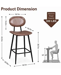 Set of 2 Bar Stools 43" Counter Height Faux Leather High Backrest with Metal Legs and Footrest for Kitchen Island Bar Dining Room Dark Brown