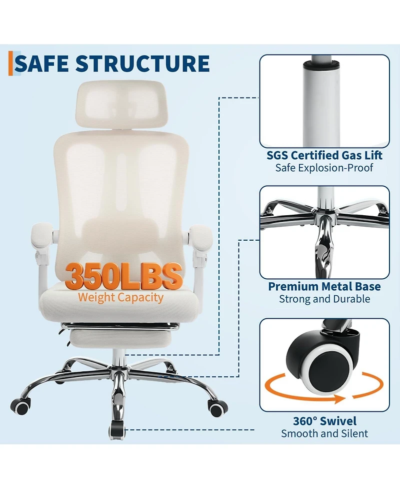 Office Chair Ergonomic High Back Mesh with Adjustable Headrest Lumbar Support Retractable Footrest 350 lbs Capacity Swivel Desk Chair for Home Office