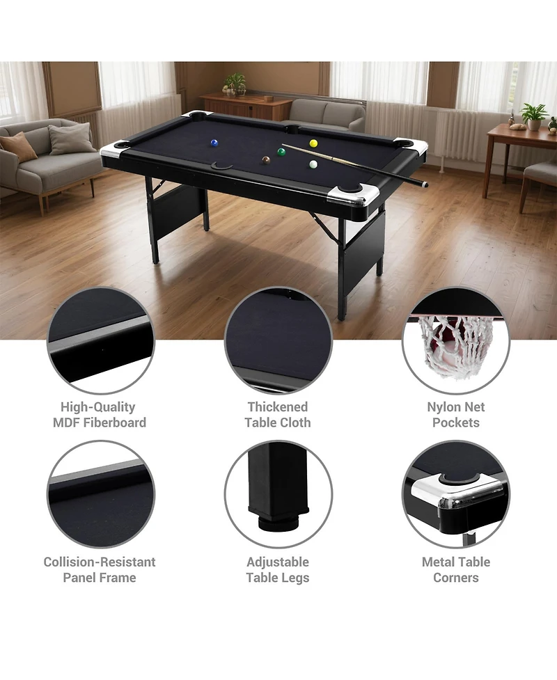 6 ft Pool Table, Folding Billiards Table with Accessories Set, Portable Pool Table Includes Balls, 2 Cue Sticks, Chalk and Brush for Home Game Room