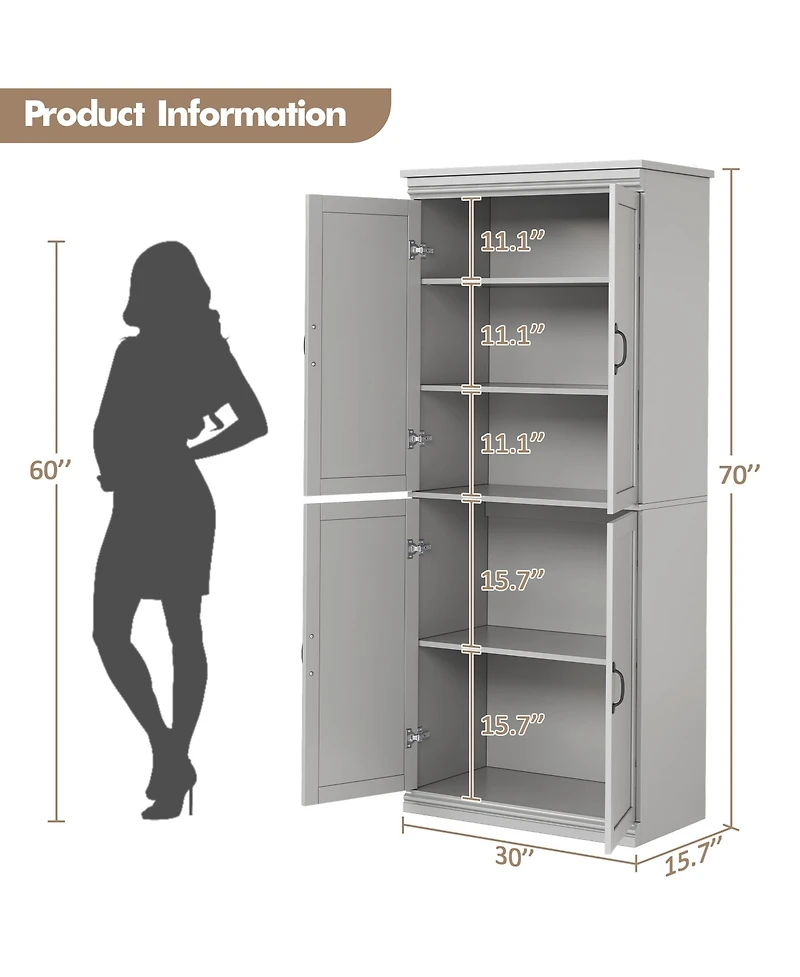 70" Gray Freestanding Pantry Cabinet with Adjustable Shelves and Doors, Tall Kitchen Storage